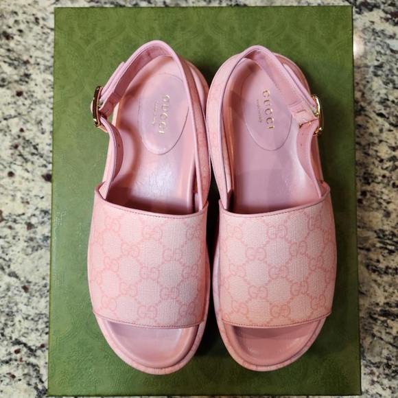 NEW Gucci Supreme Pink Monogram Coated Canvas & Leather Platform Sandal Size 37 - Picture 3 of 12